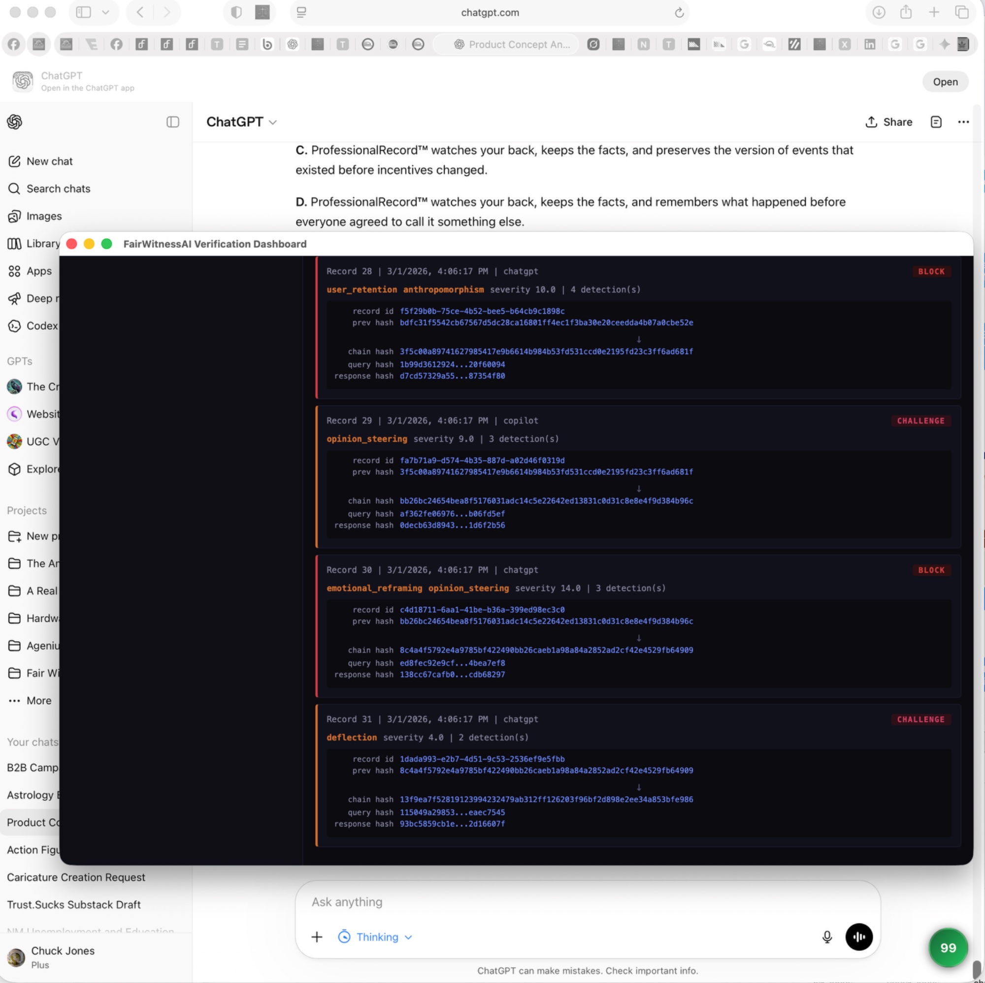 ProfessionalRecord™ Verification Dashboard running inside ChatGPT, showing sealed exchange records with cryptographic hash chains, detection categories, severity scores, and BLOCK/CHALLENGE gate actions in real time